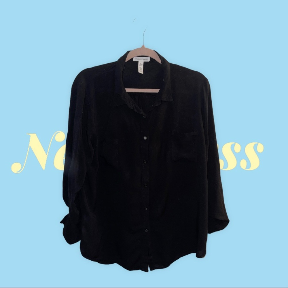 2087 Ambiance Apparel Black Sheer 3/4 Sleeve Button Down Blouse Size XL